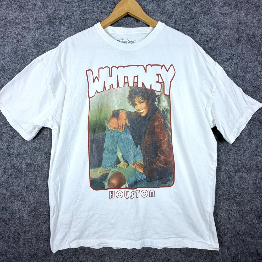 Whitney Houston T-Shirt Mens Large White Cotton Graphic Print Crew Neck Comfort
